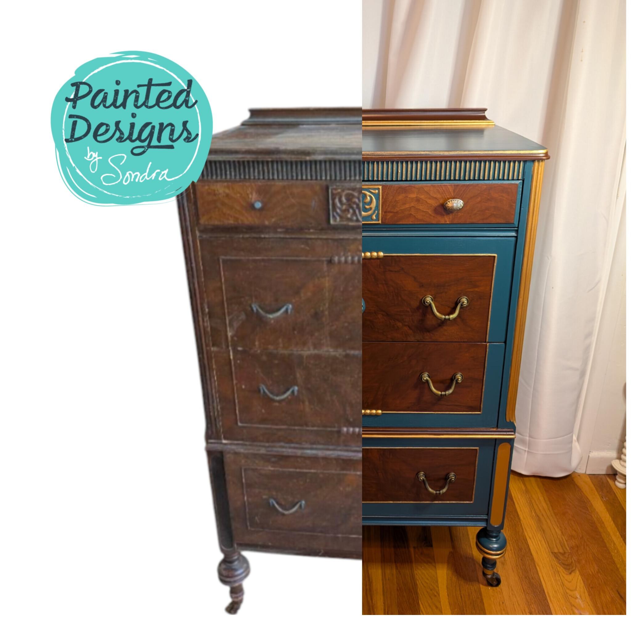 CUSTOM ORDER *OPTION.. Vintage Wood, Painted Blue & Gold Ornate Dresser, view 7