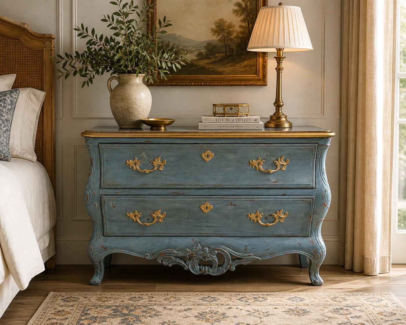 CUSTOME Order Option: Vintage French Provincial Blue Bombe Dresser