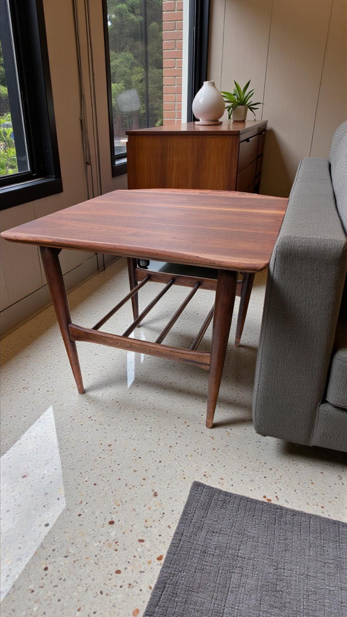 Vintage Bassett Artisan MCM Walnut Lamp Table 1960s End table with shelf, view 4