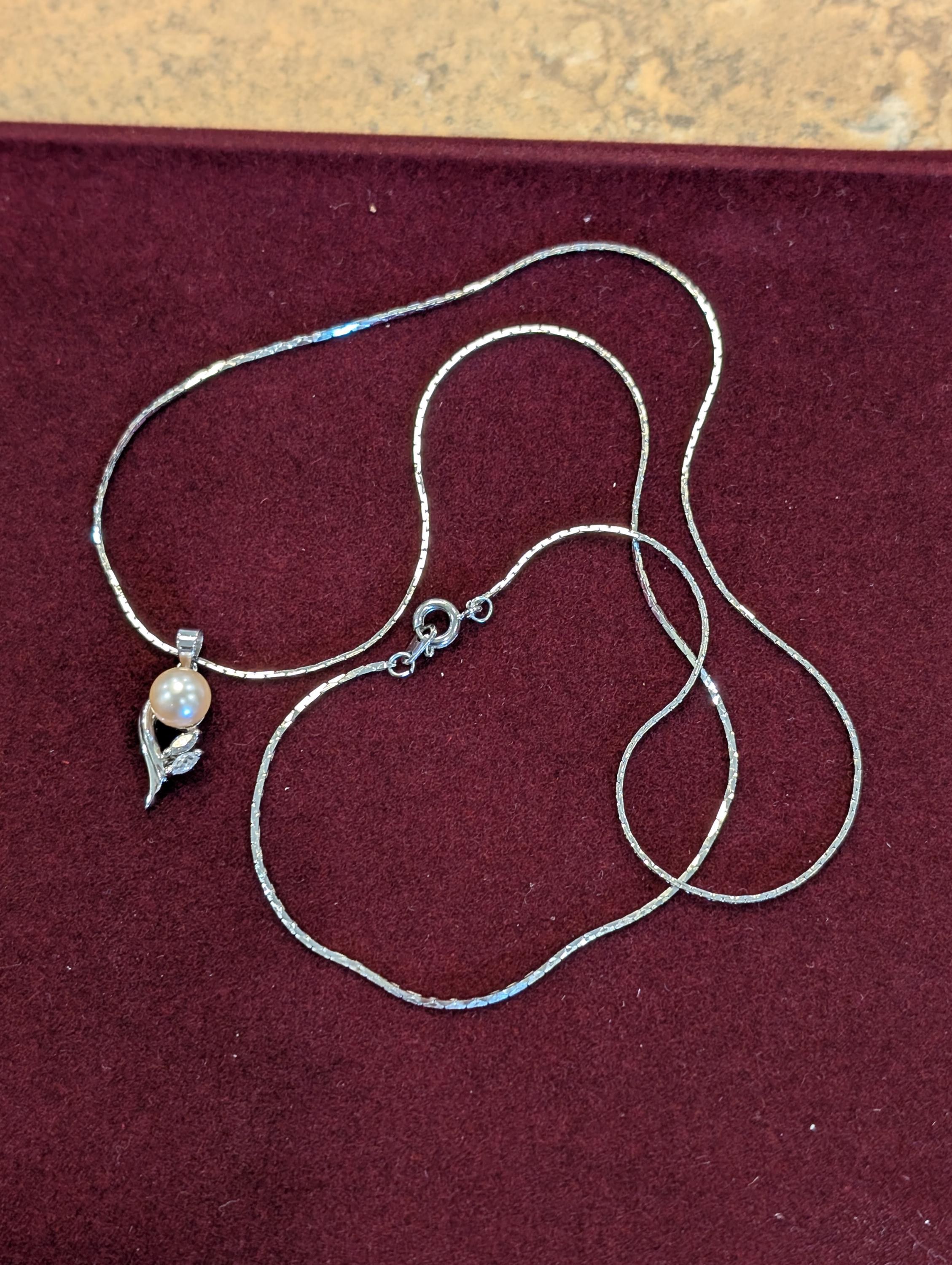 Silver faux pearl pendant necklace, view 2