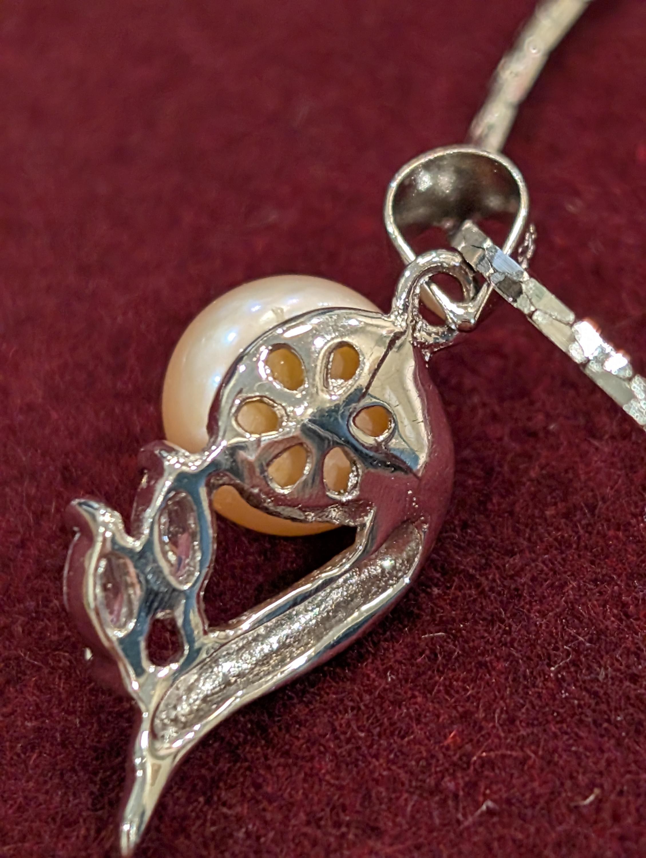 Silver faux pearl pendant necklace, view 4