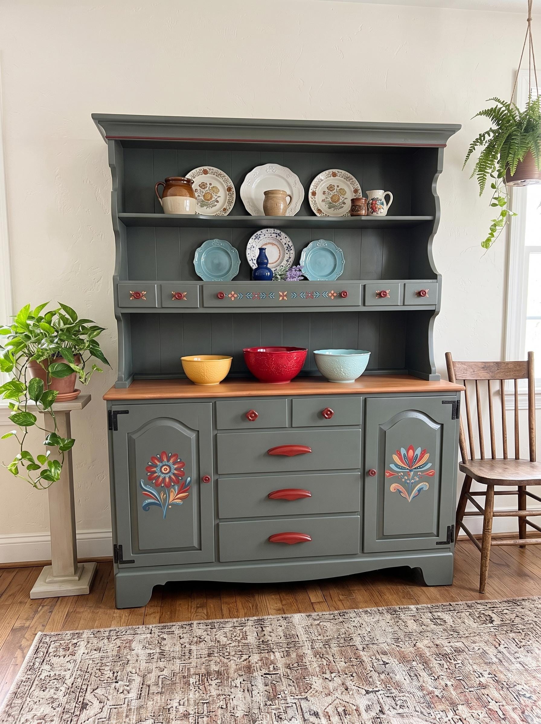 Hand-Painted Vintage St. Johns Table Co. Solid Maple Hutch, Folk Art Scandinavian Floral Display Cabinet -Two-Piece, view 1