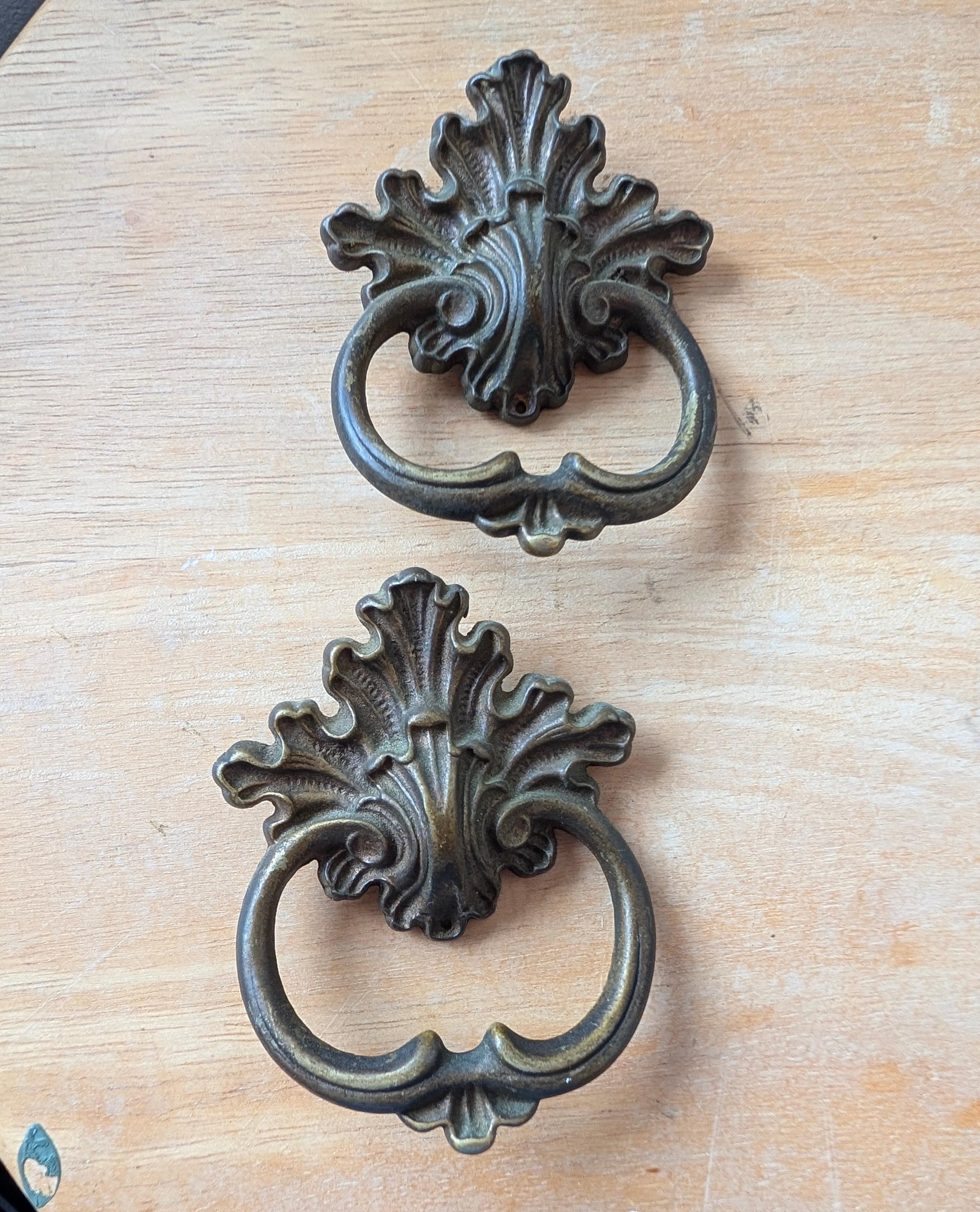 Pair of Vintage Solid Brass French Provincial Ring Pulls, view 2