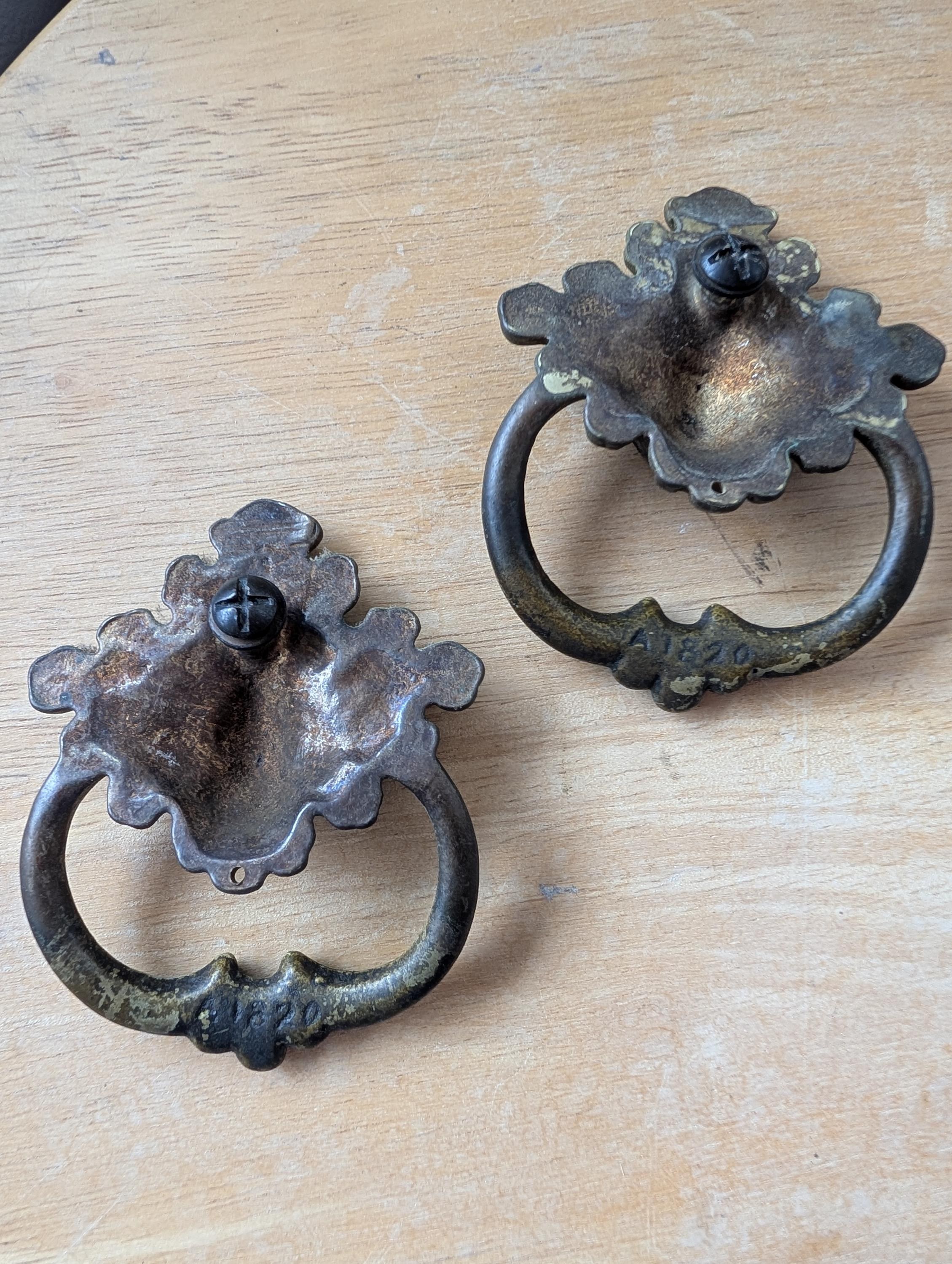Pair of Vintage Solid Brass French Provincial Ring Pulls, view 4