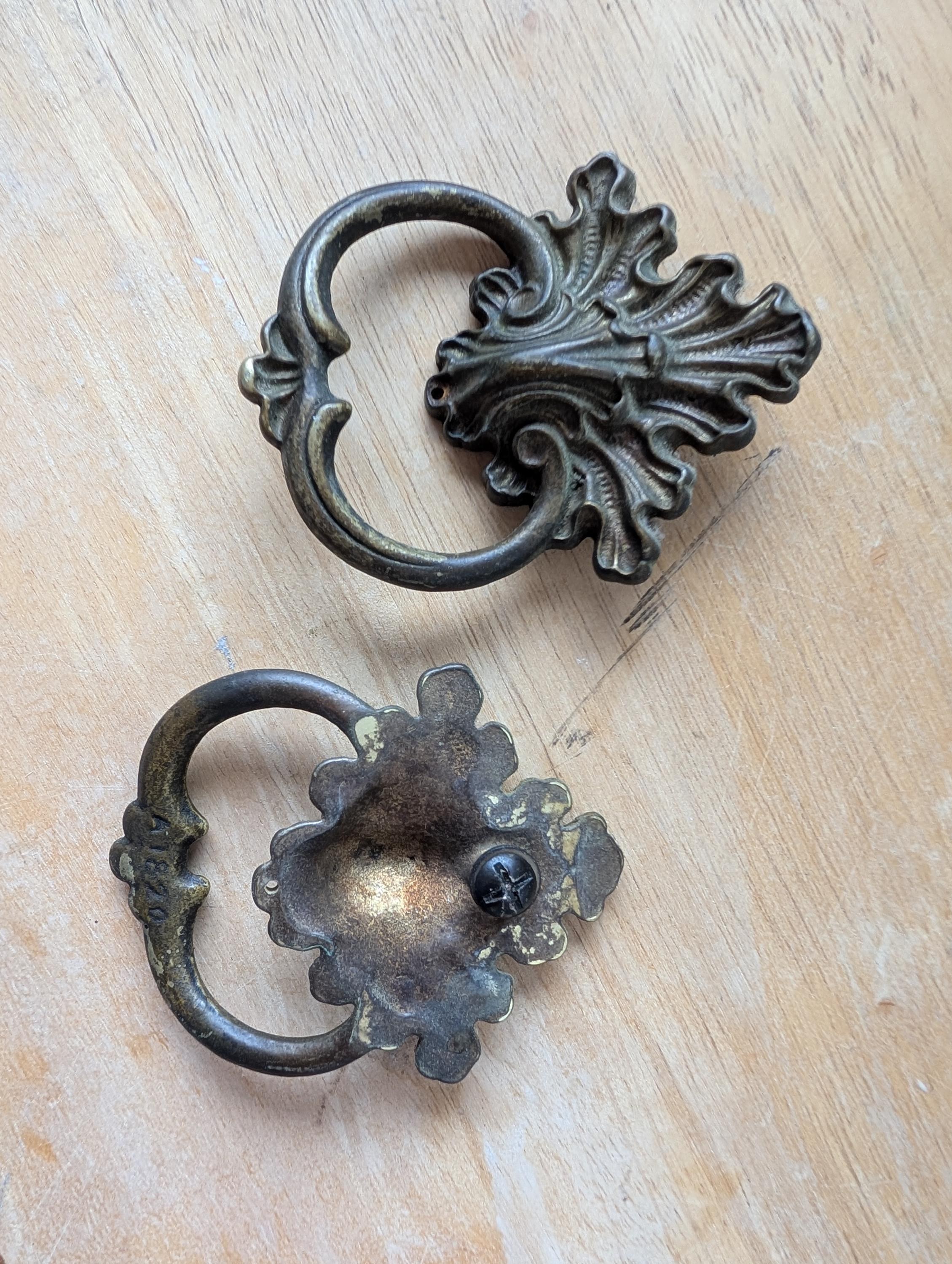 Pair of Vintage Solid Brass French Provincial Ring Pulls, view 5