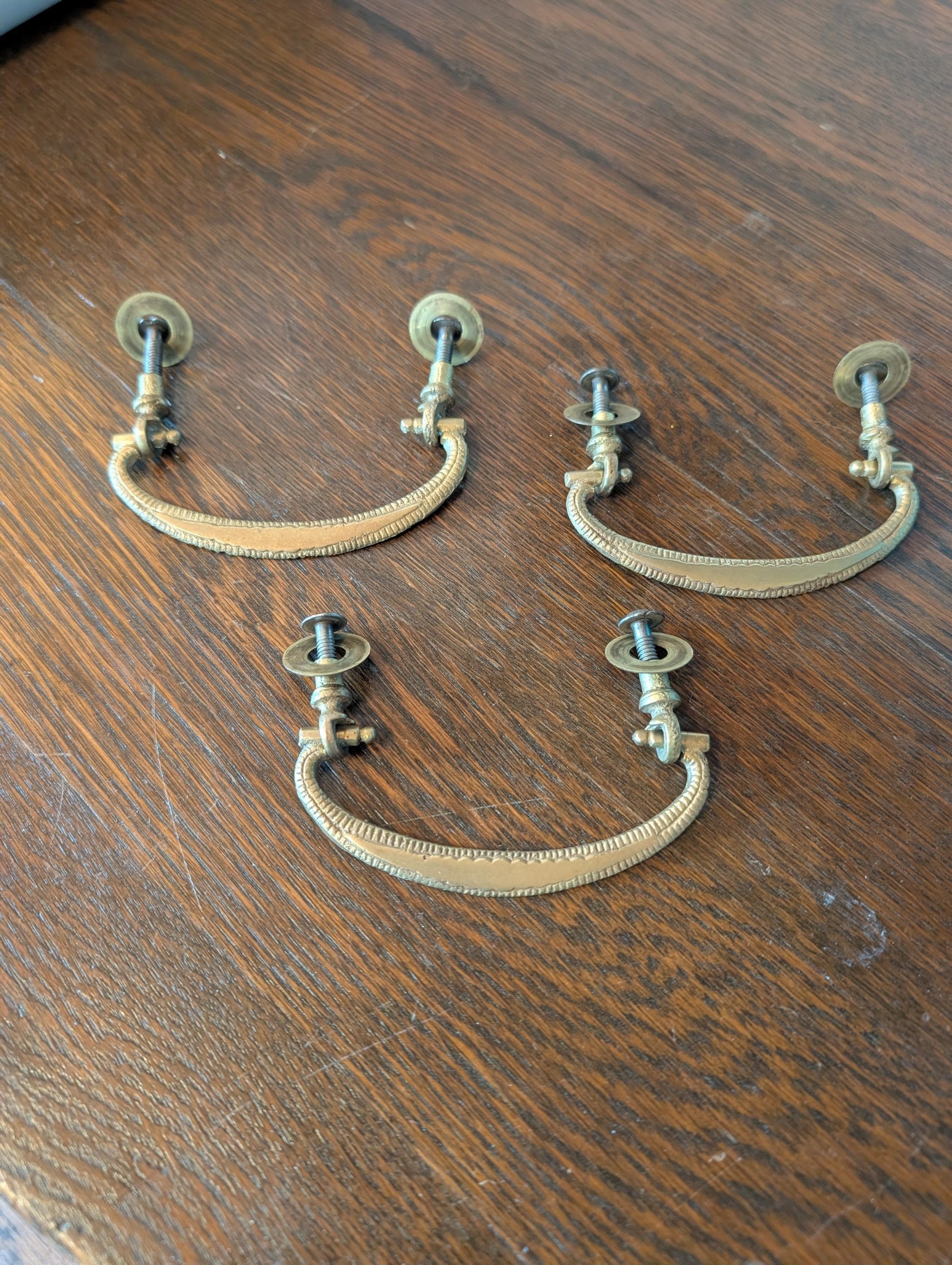 Set of 3 Vintage Solid Brass Bail Drawer Pulls — 3" Center-to-Center, view 1