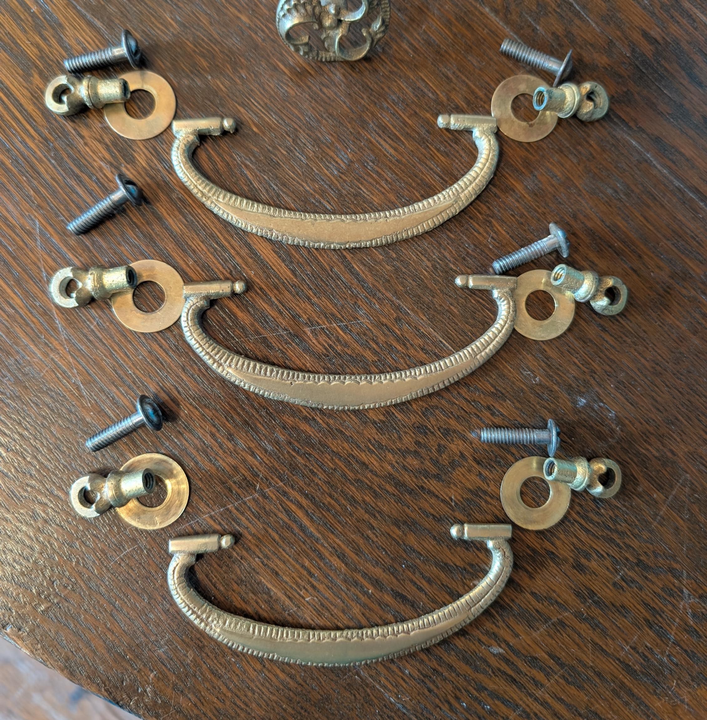 Set of 3 Vintage Solid Brass Bail Drawer Pulls — 3" Center-to-Center, view 2