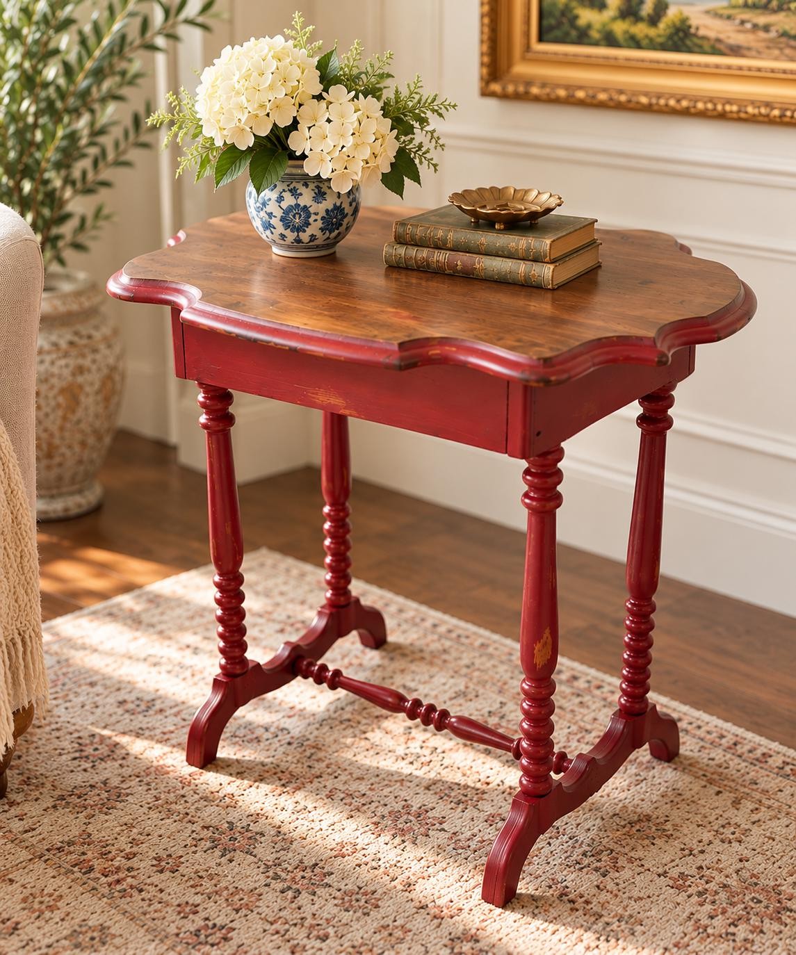 Hand-Painted Deep Red Vintage Accent Table with Scalloped Wood Top, Turned Legs, view 1