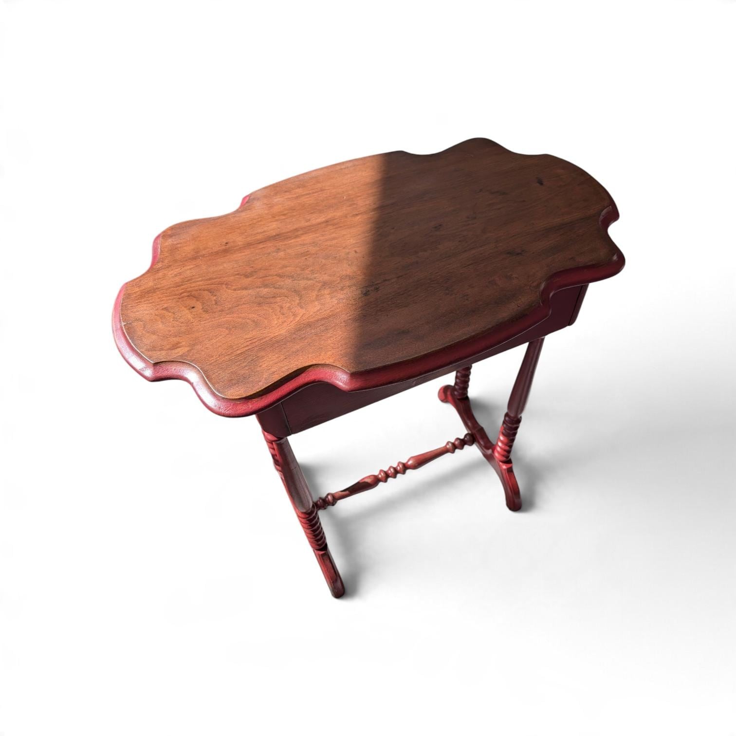 Hand-Painted Deep Red Vintage Accent Table with Scalloped Wood Top, Turned Legs, view 2