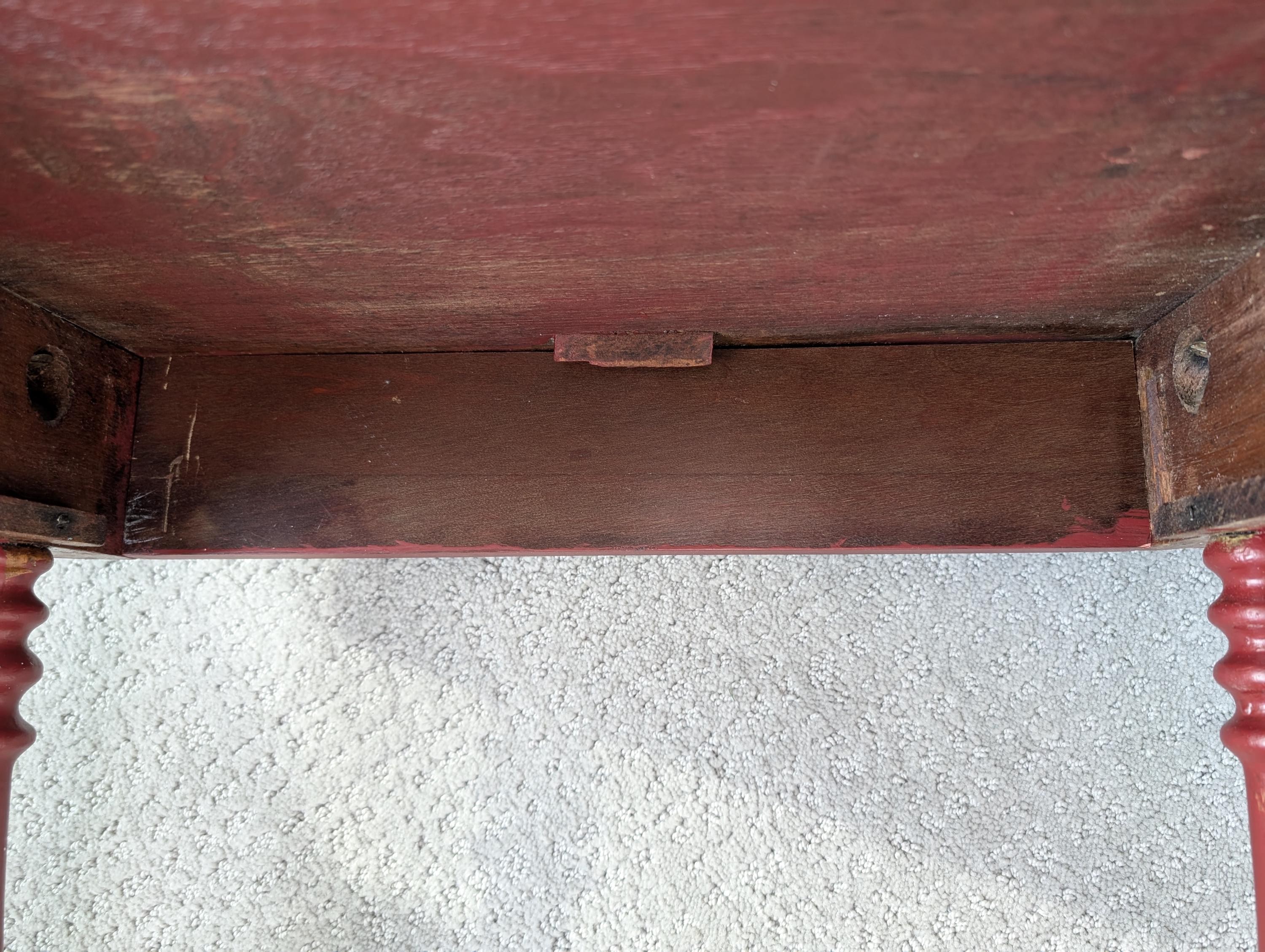 Hand-Painted Deep Red Vintage Accent Table with Scalloped Wood Top, Turned Legs, view 12