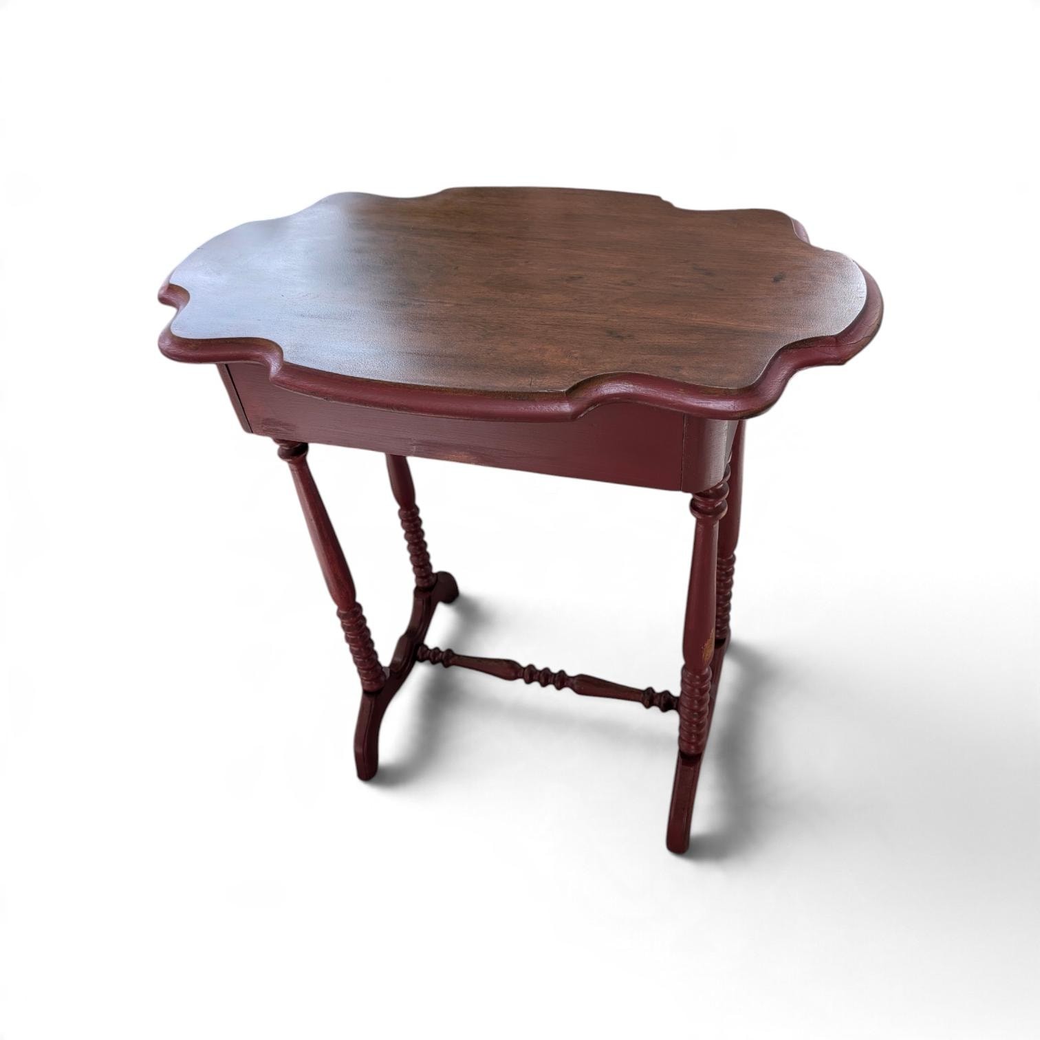 Hand-Painted Deep Red Vintage Accent Table with Scalloped Wood Top, Turned Legs, view 3