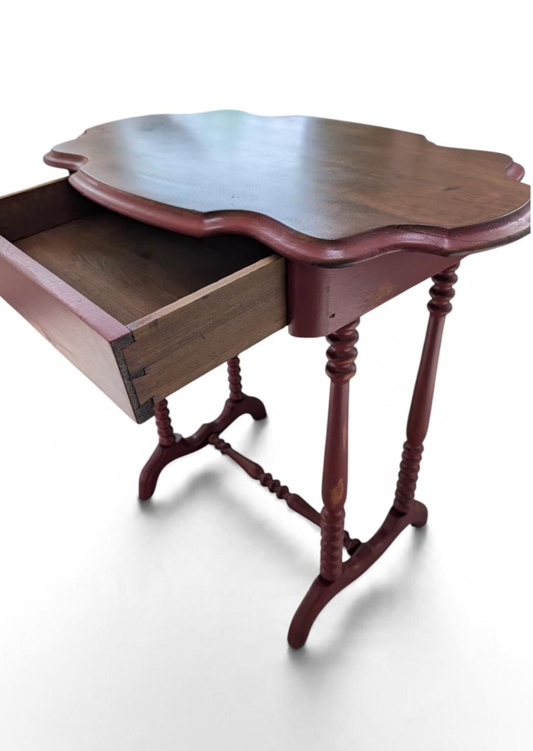 Hand-Painted Deep Red Vintage Accent Table with Scalloped Wood Top, Turned Legs, view 4