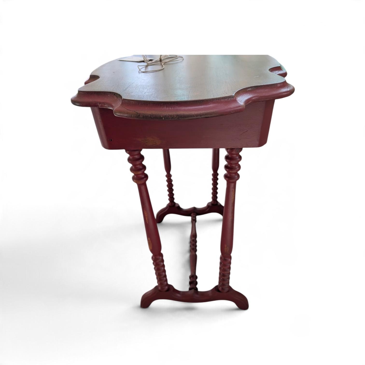 Hand-Painted Deep Red Vintage Accent Table with Scalloped Wood Top, Turned Legs, view 5