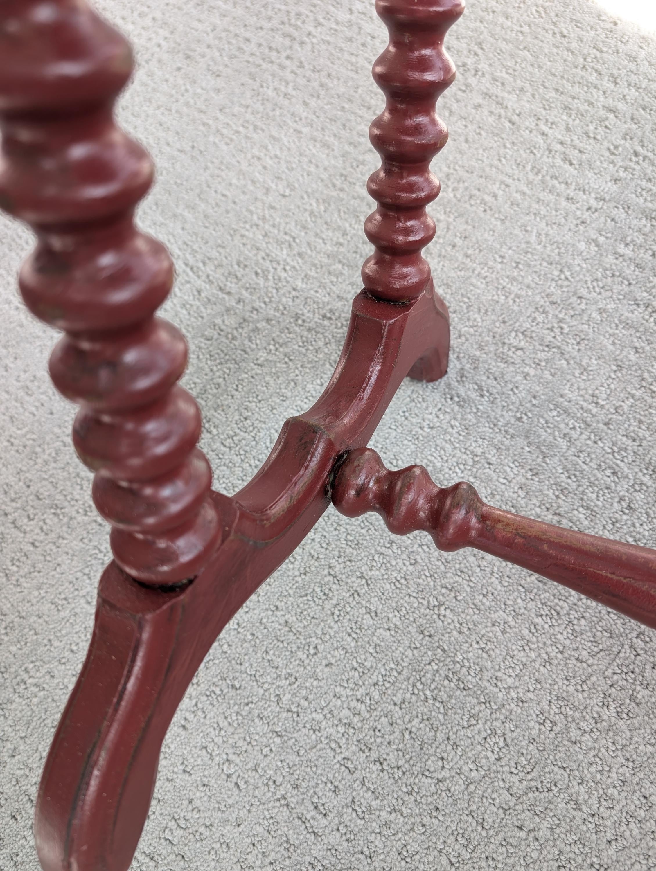 Hand-Painted Deep Red Vintage Accent Table with Scalloped Wood Top, Turned Legs, view 6