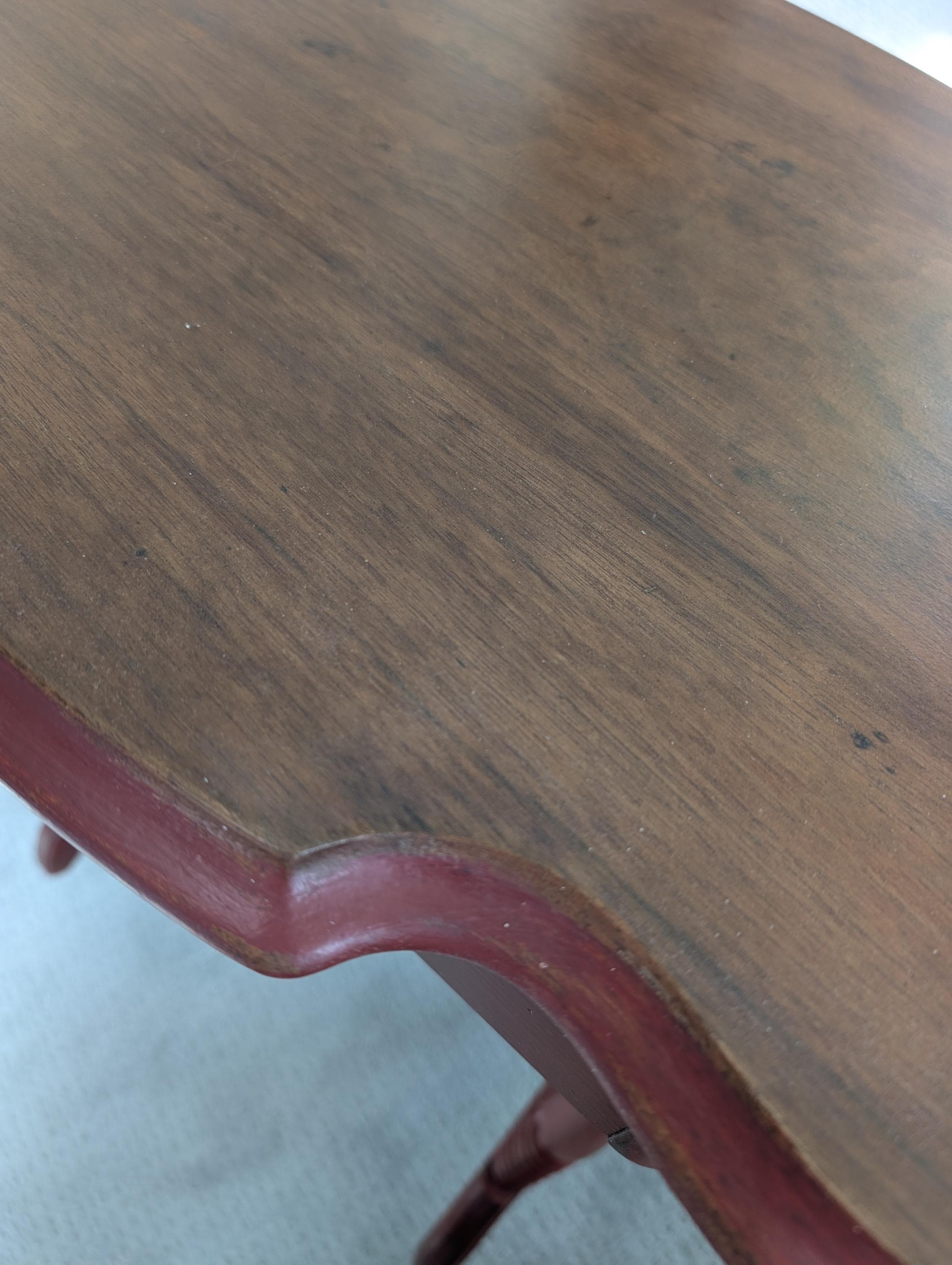 Hand-Painted Deep Red Vintage Accent Table with Scalloped Wood Top, Turned Legs, view 7