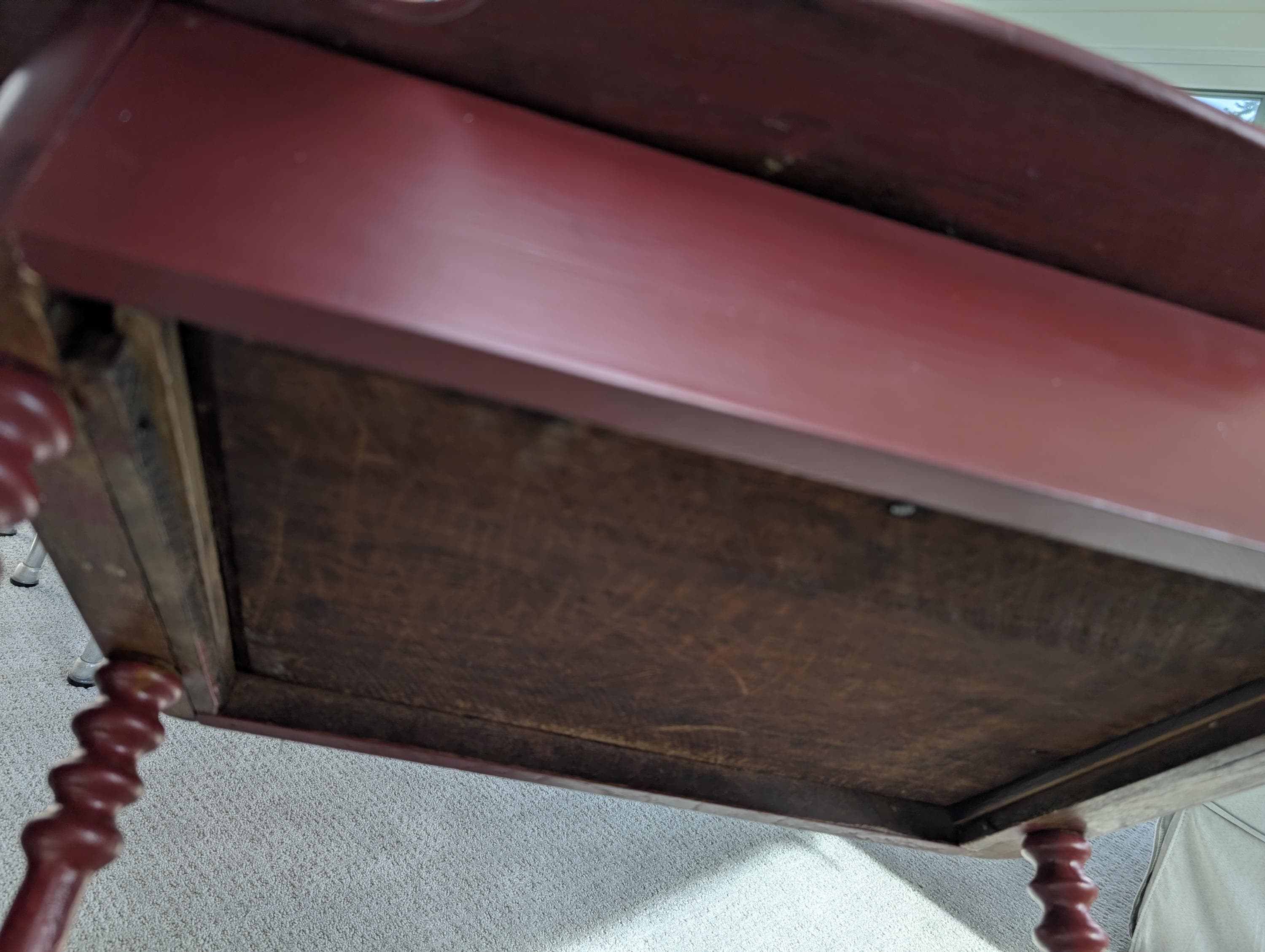 Hand-Painted Deep Red Vintage Accent Table with Scalloped Wood Top, Turned Legs, view 8