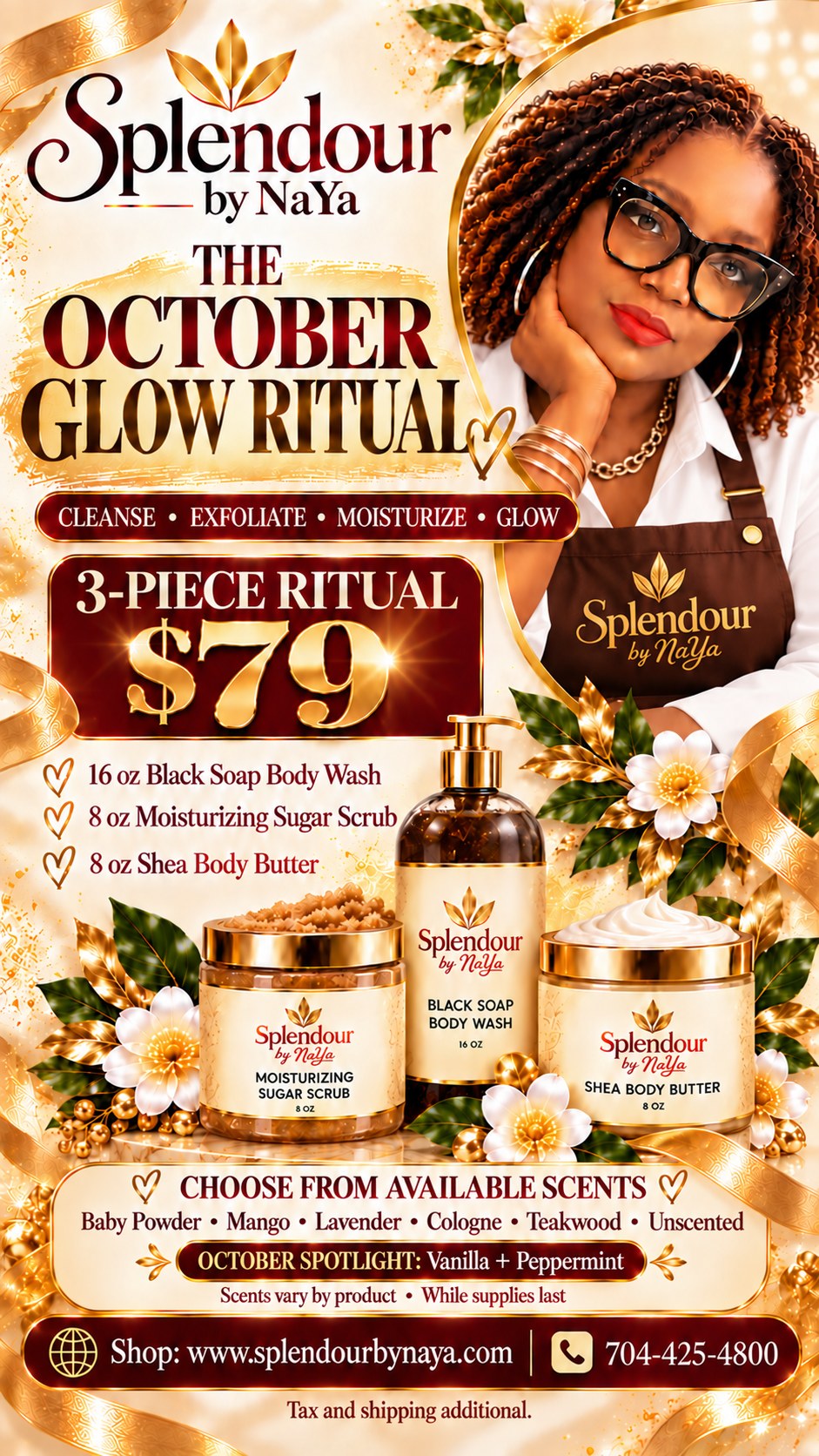 Splendour By NaYa October Glow Ritual with Black Soap Body Wash, Moisturizing Sugar Scrub, and Shea Body Butter