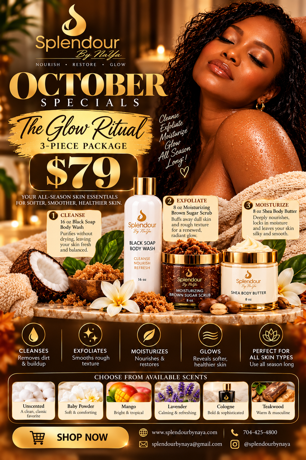 The Splendour Glow 3-Piece Ritual Package with body wash, sugar scrub, and shea body butter