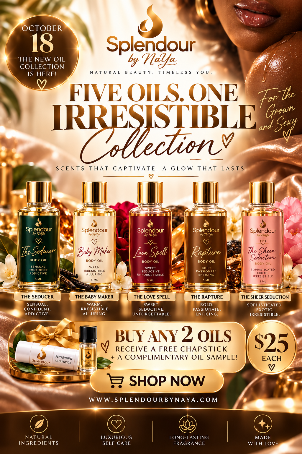 The five Splendour By NaYa body oils, now available at $25 each