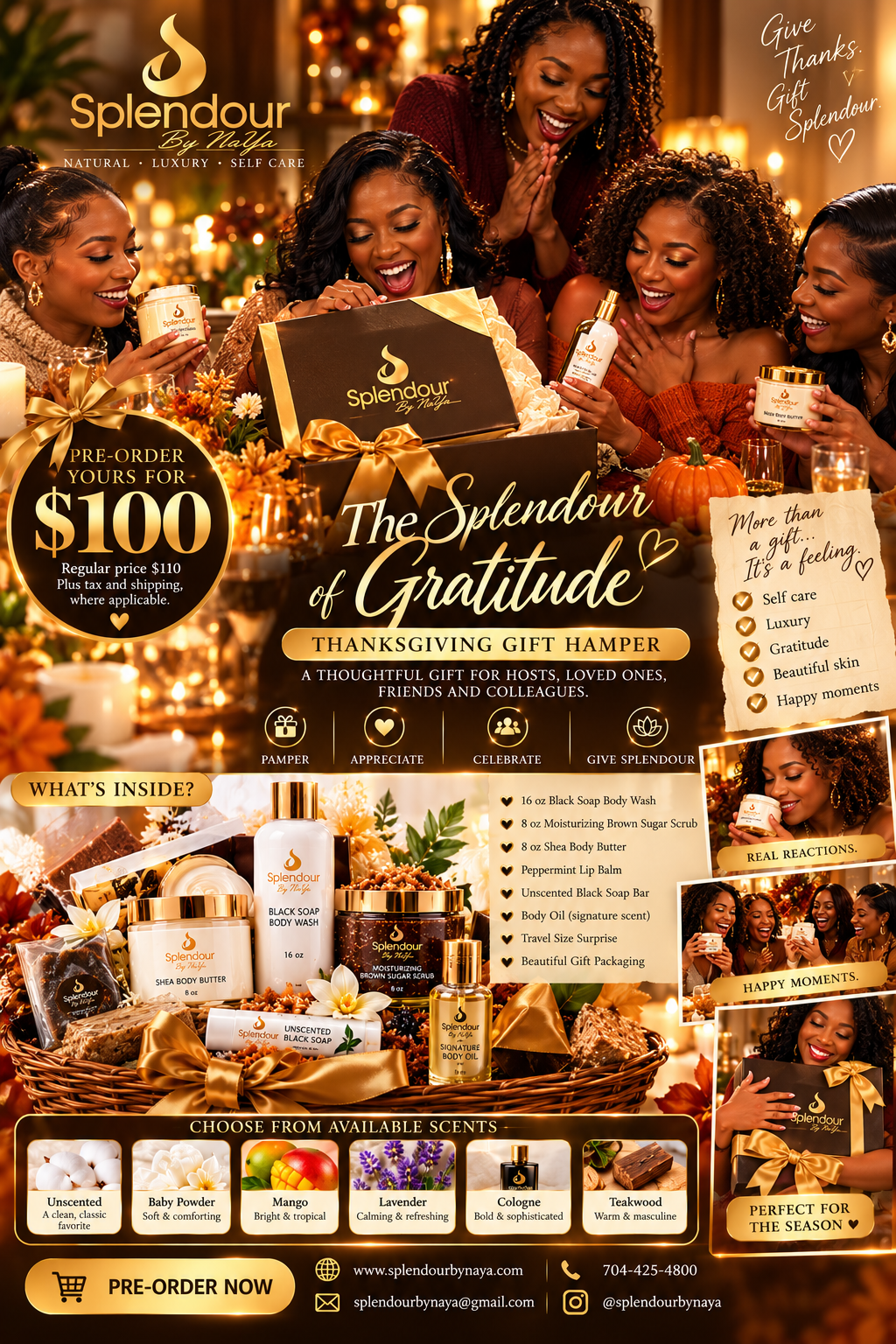 The Splendour of Gratitude Thanksgiving Gift Hamper with body-care favorites, signature-scent body oil, a travel-size surprise, and gift packaging