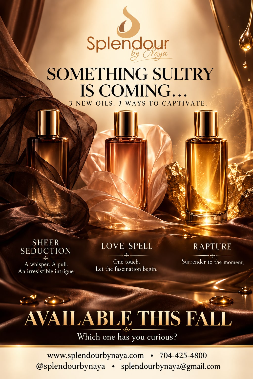 Splendour By NaYa's Coming Soon collection featuring Sheer Seduction, Love Spell, and Rapture oils