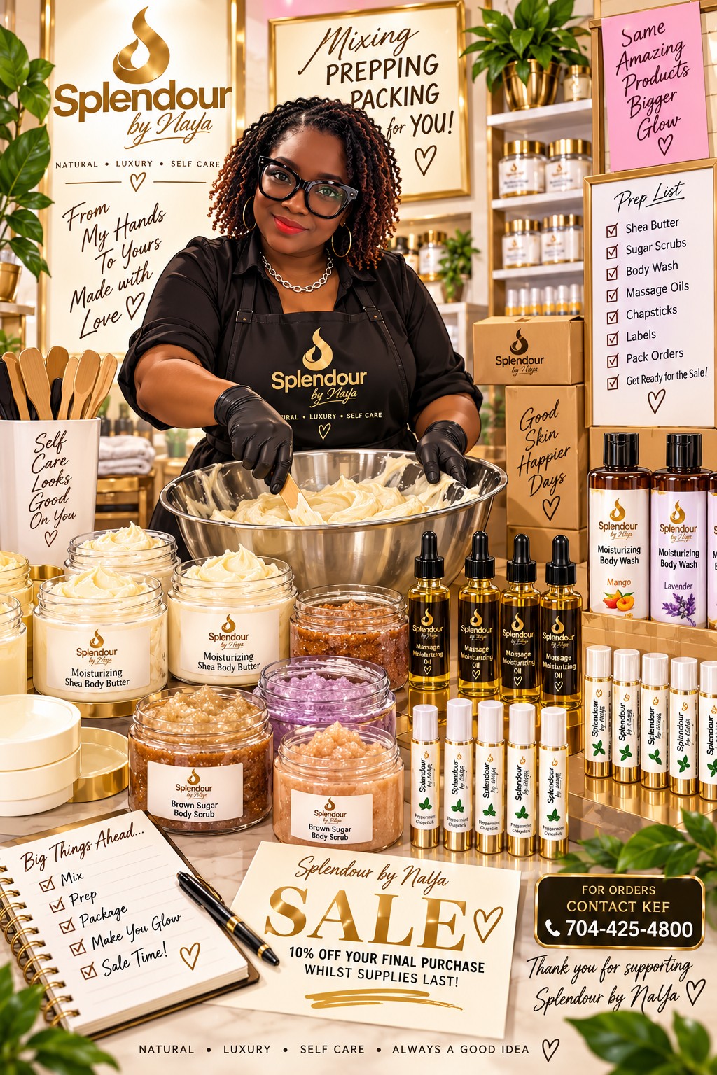 Splendour By NaYa founder preparing body butter beside clear jars with gold lids, massage oils, body wash and sugar scrubs
