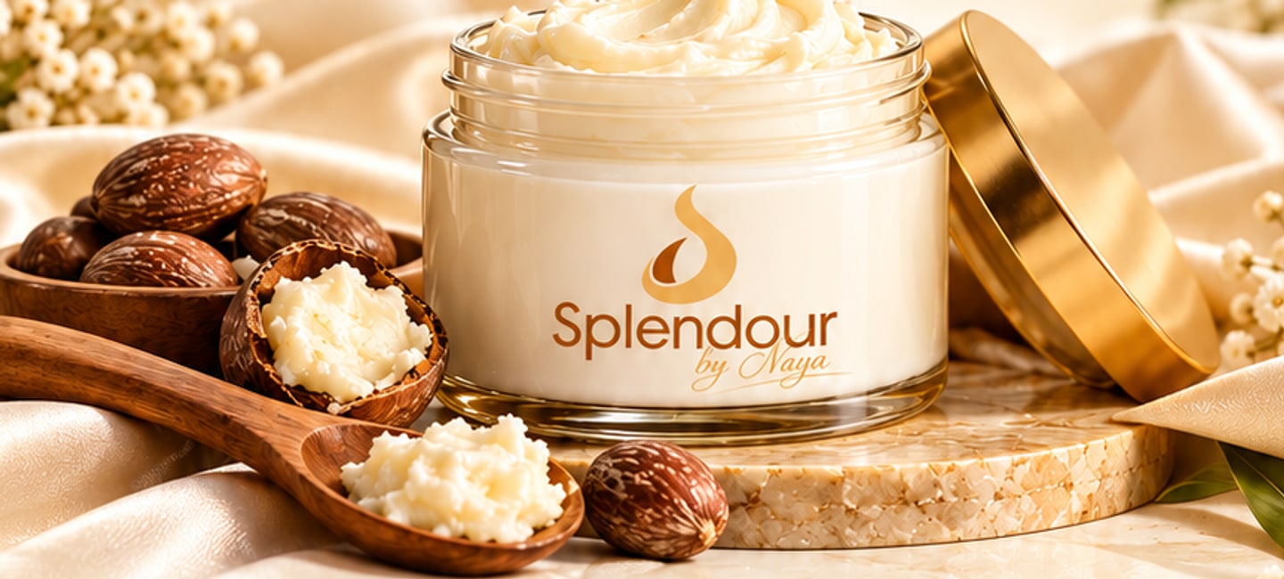 Whipped shea body butter with raw shea nuts and a golden lid