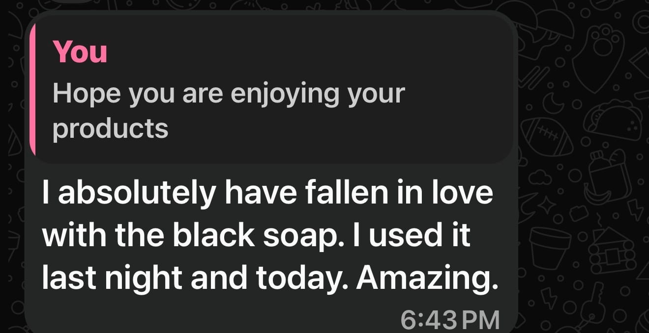 Customer message from Enid saying she has fallen in love with Splendour By NaYa black soap