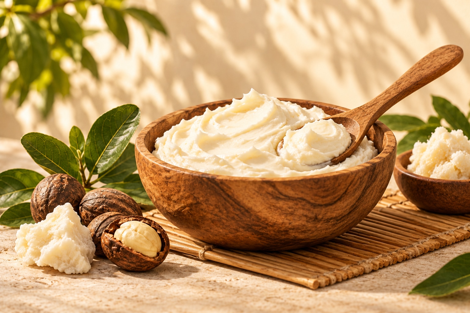 Artisan bowl of whipped shea butter with shea nuts and green leaves