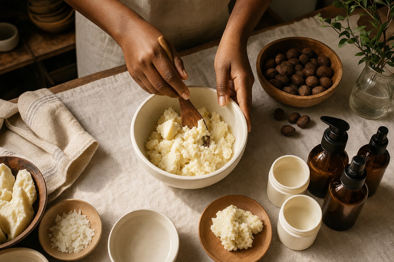 Hands preparing small-batch shea body care on a linen worktable