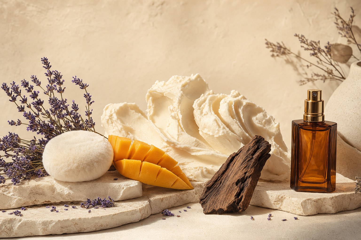 Five scent inspirations arranged with shea butter on warm stone