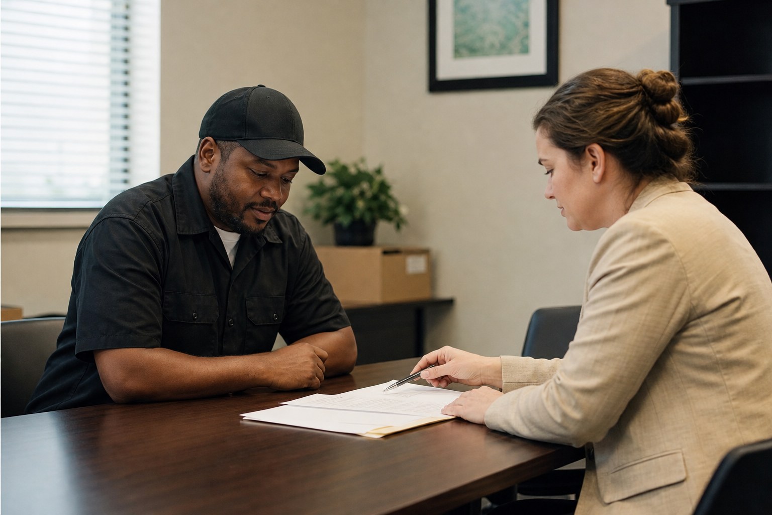 Driver and workplace coordinator reviewing appointment paperwork together