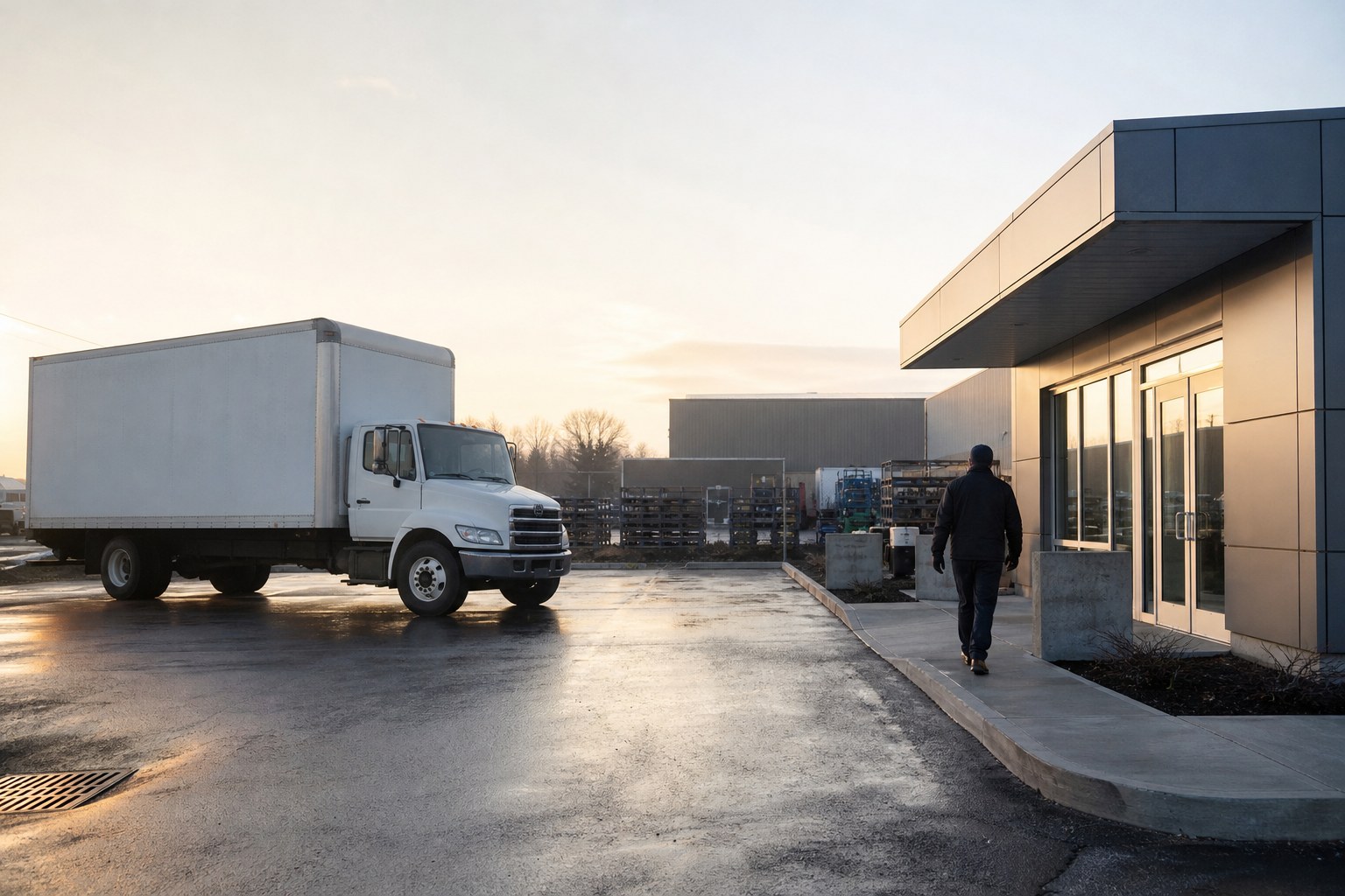 Commercial driver walking toward an office beside a parked box truck