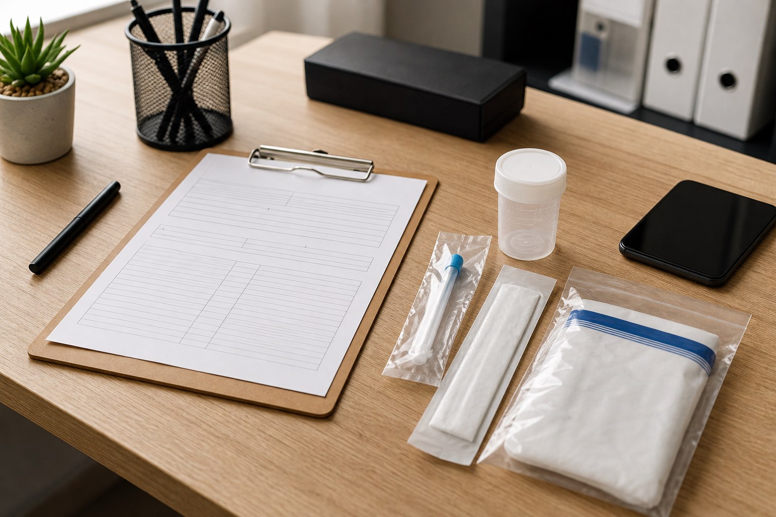 Organized collection supplies and blank paperwork on a workplace testing desk