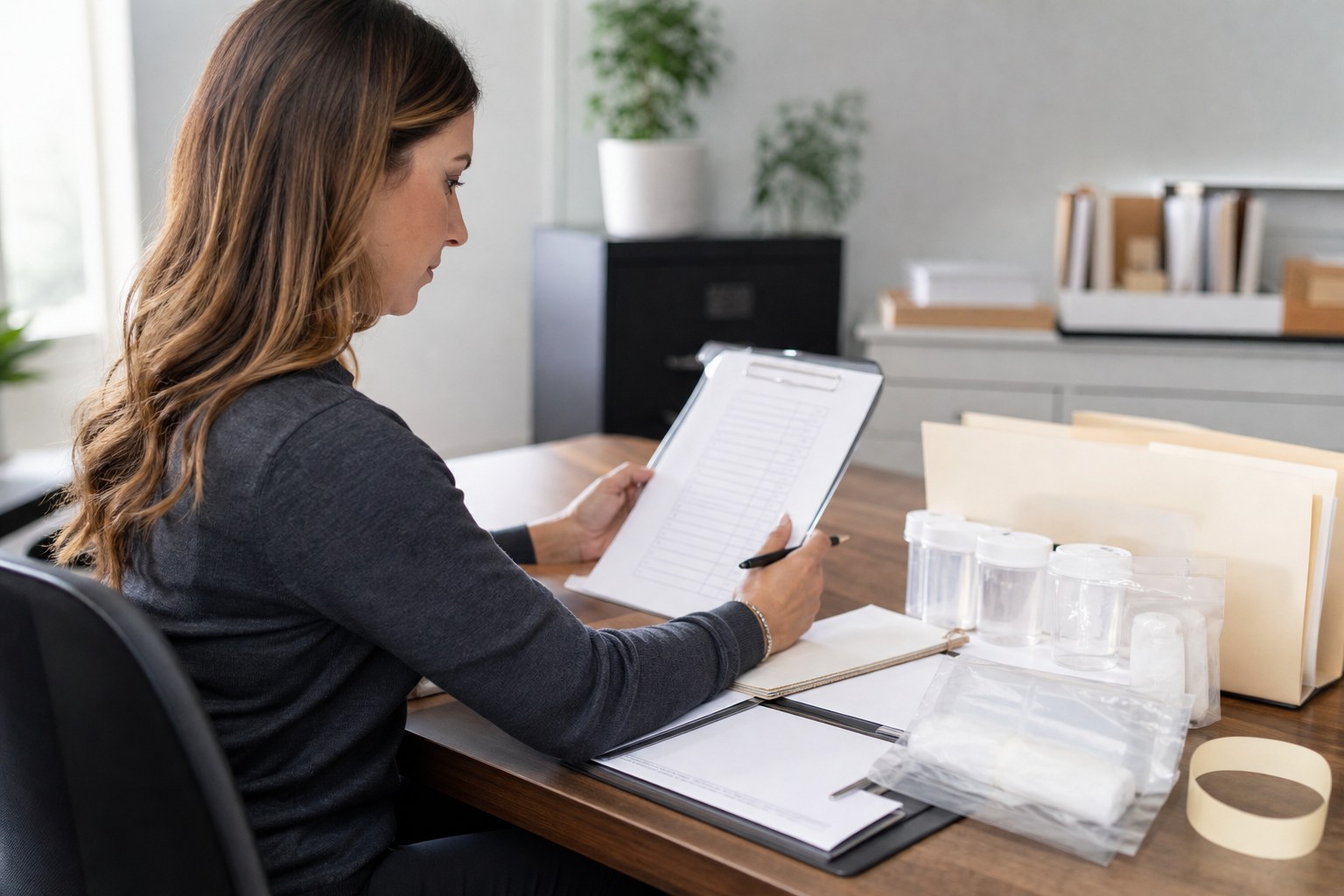 Workplace testing coordinator reviewing a program checklist at a desk