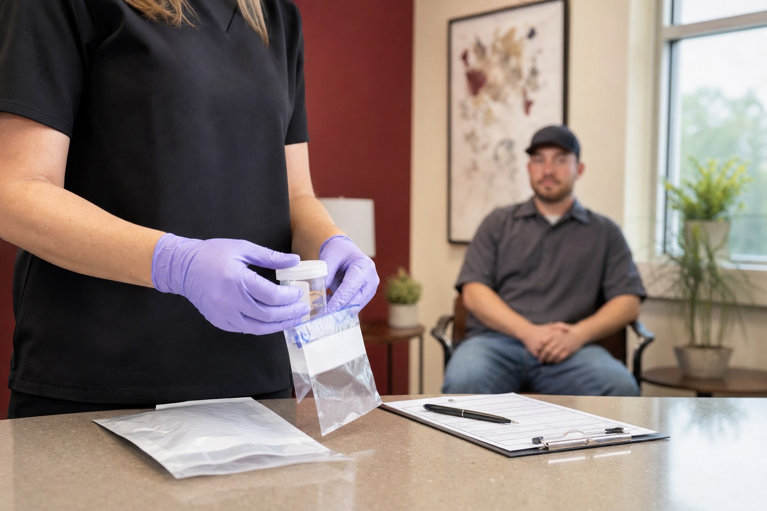 Collection specialist preparing sealed materials in a private testing office