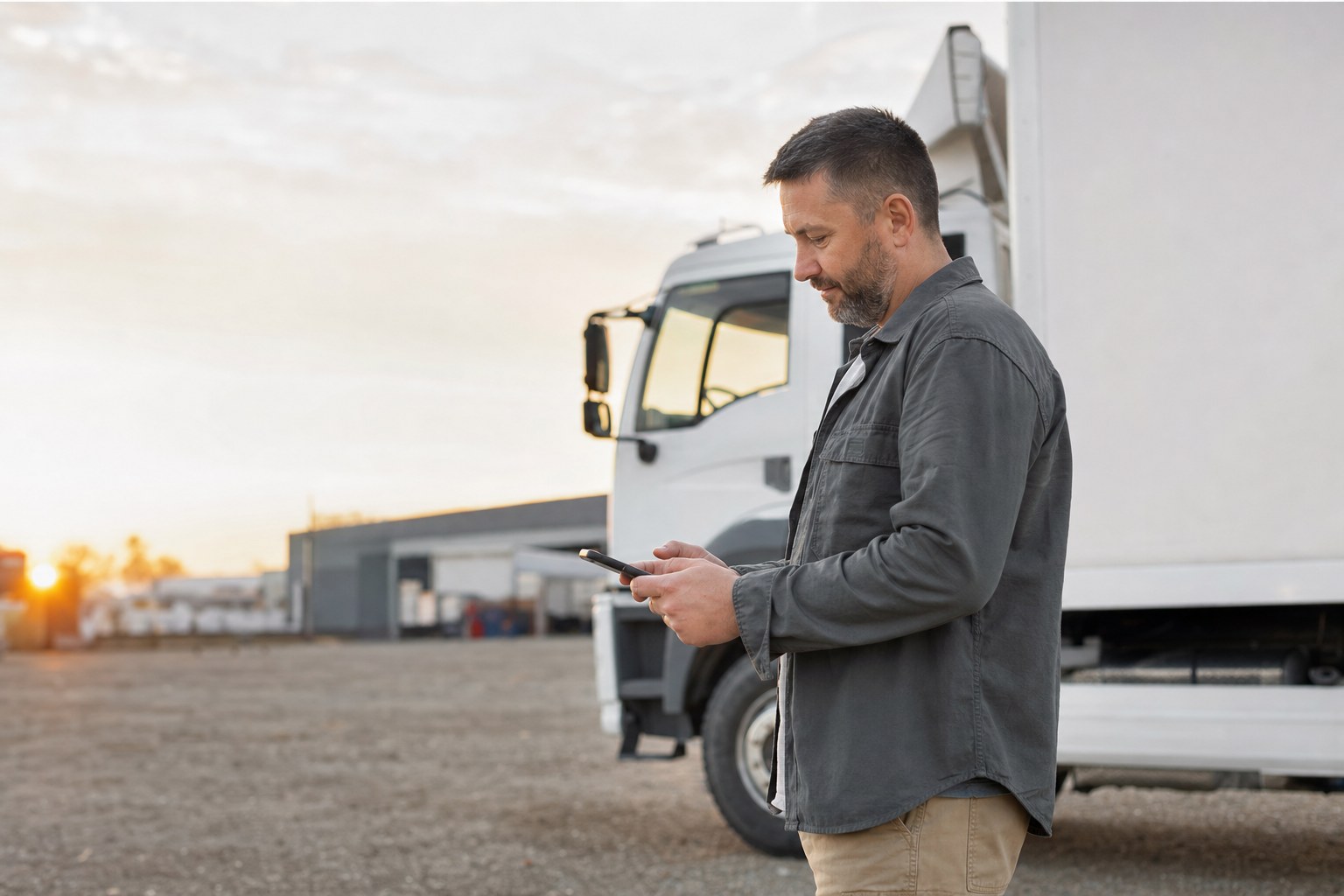 Commercial driver reviewing an appointment on a phone beside a truck