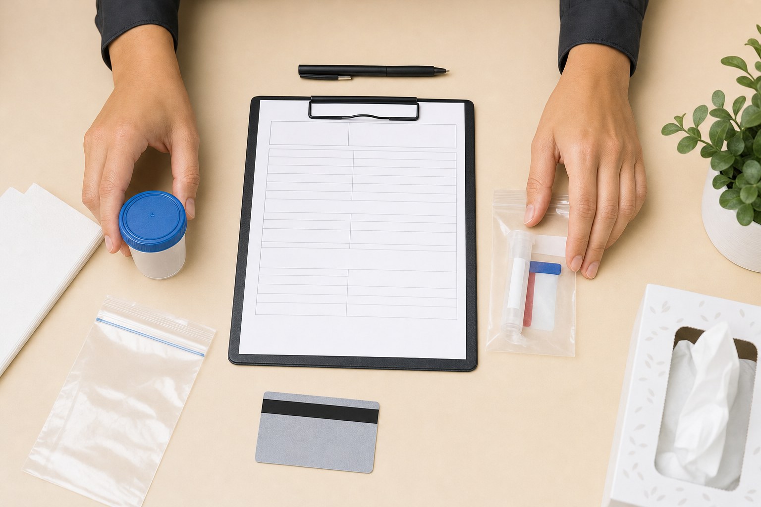 Collection materials and blank paperwork arranged on a desk