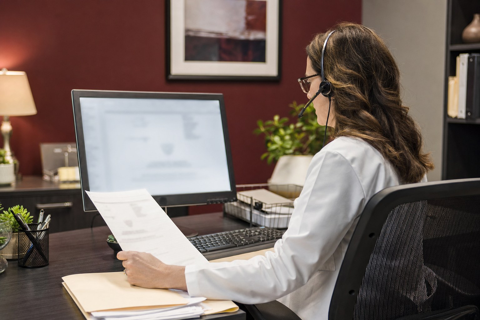 Medical professional reviewing a report in a private office