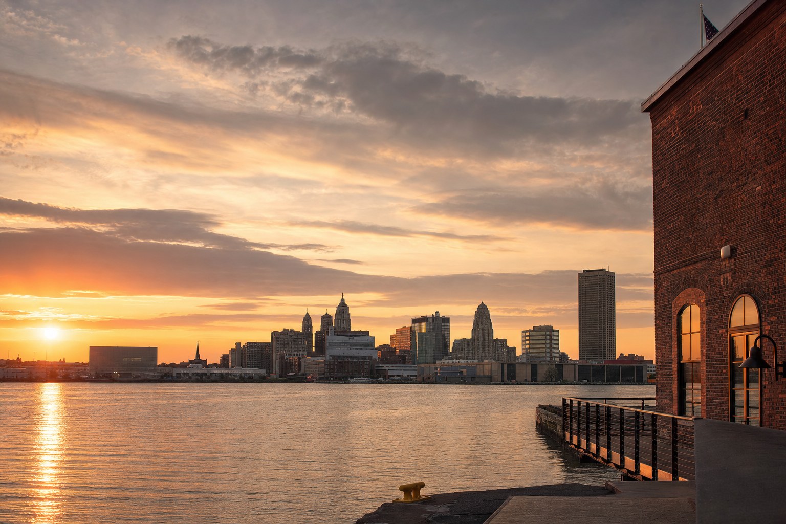 Buffalo waterfront skyline at warm evening light