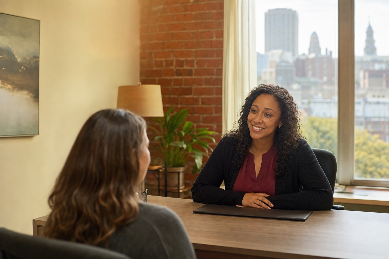 A USA Occupational Services team member welcoming a visitor in a private Buffalo office