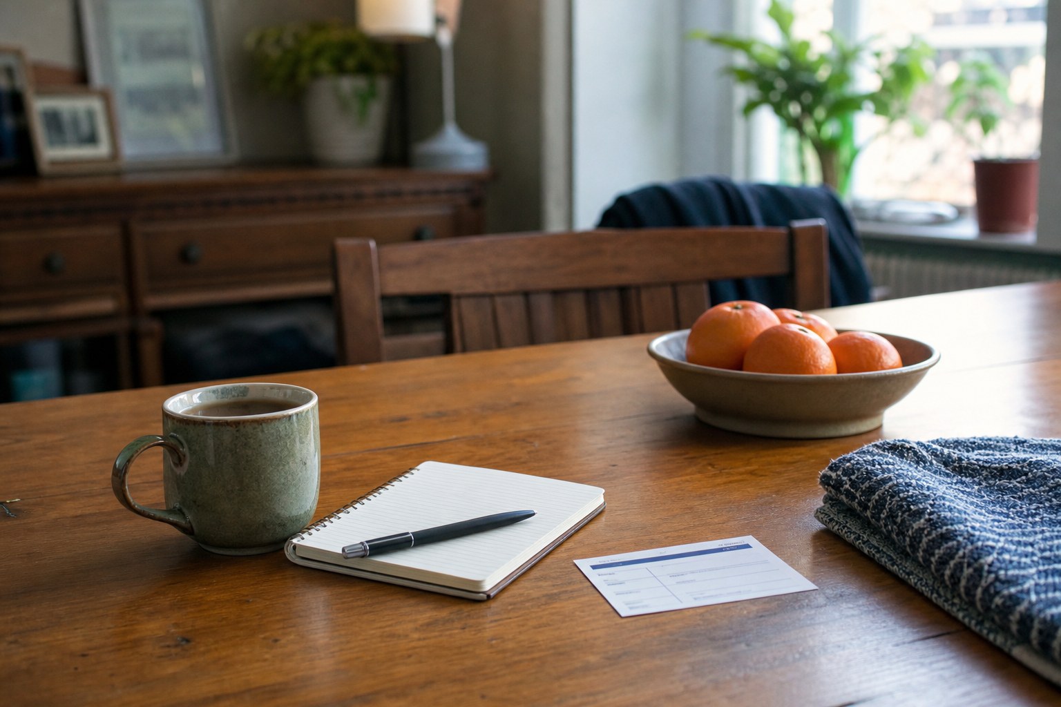 Notebook, tea mug, and household items arranged on a home table