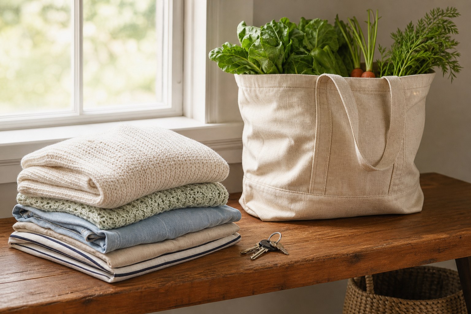 Folded laundry and a grocery tote arranged for help at home