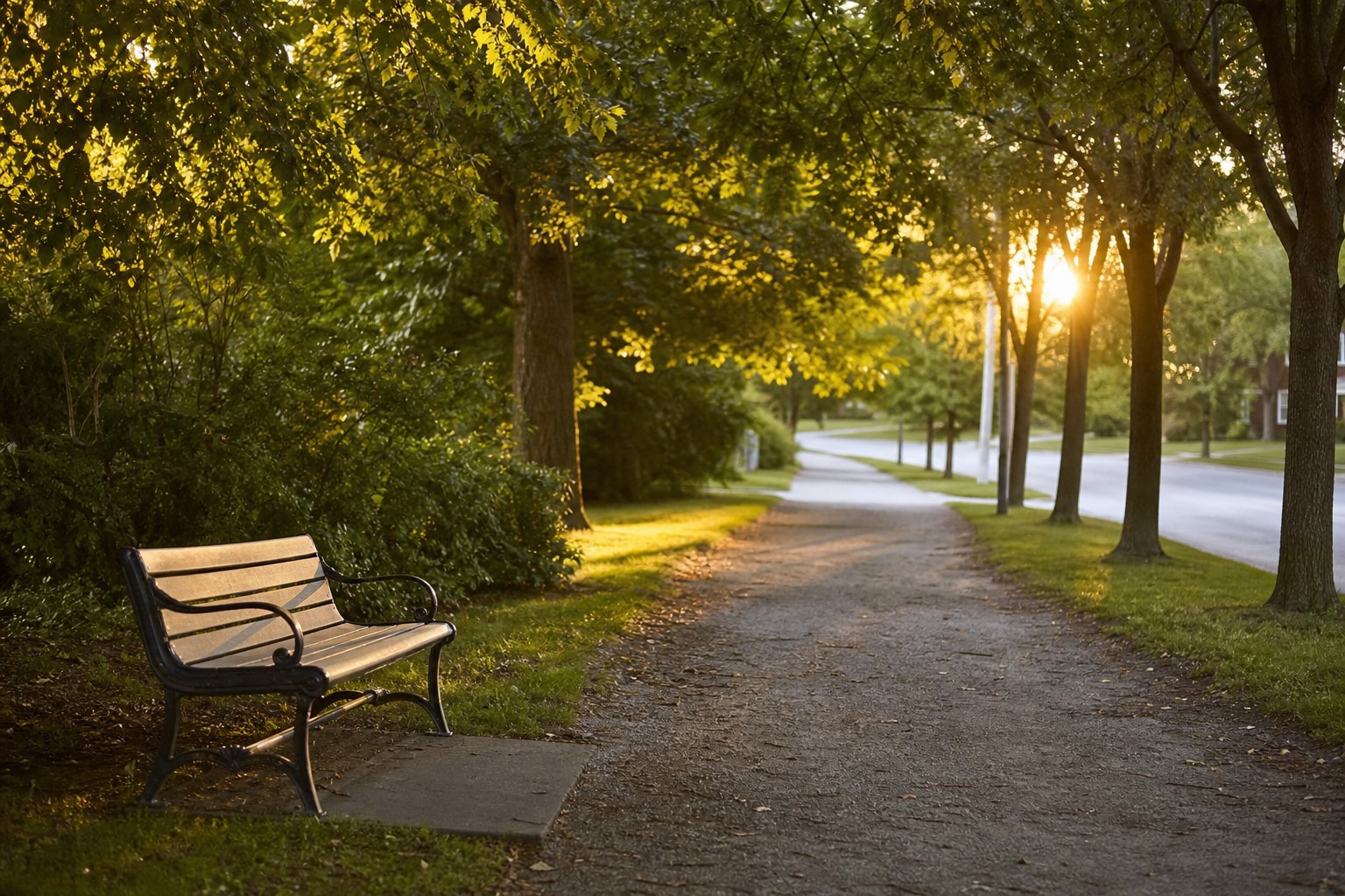 Quiet neighborhood walking path with an empty bench in evening light