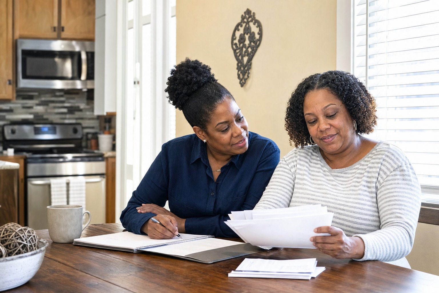 Illustrative friends reviewing important paperwork together