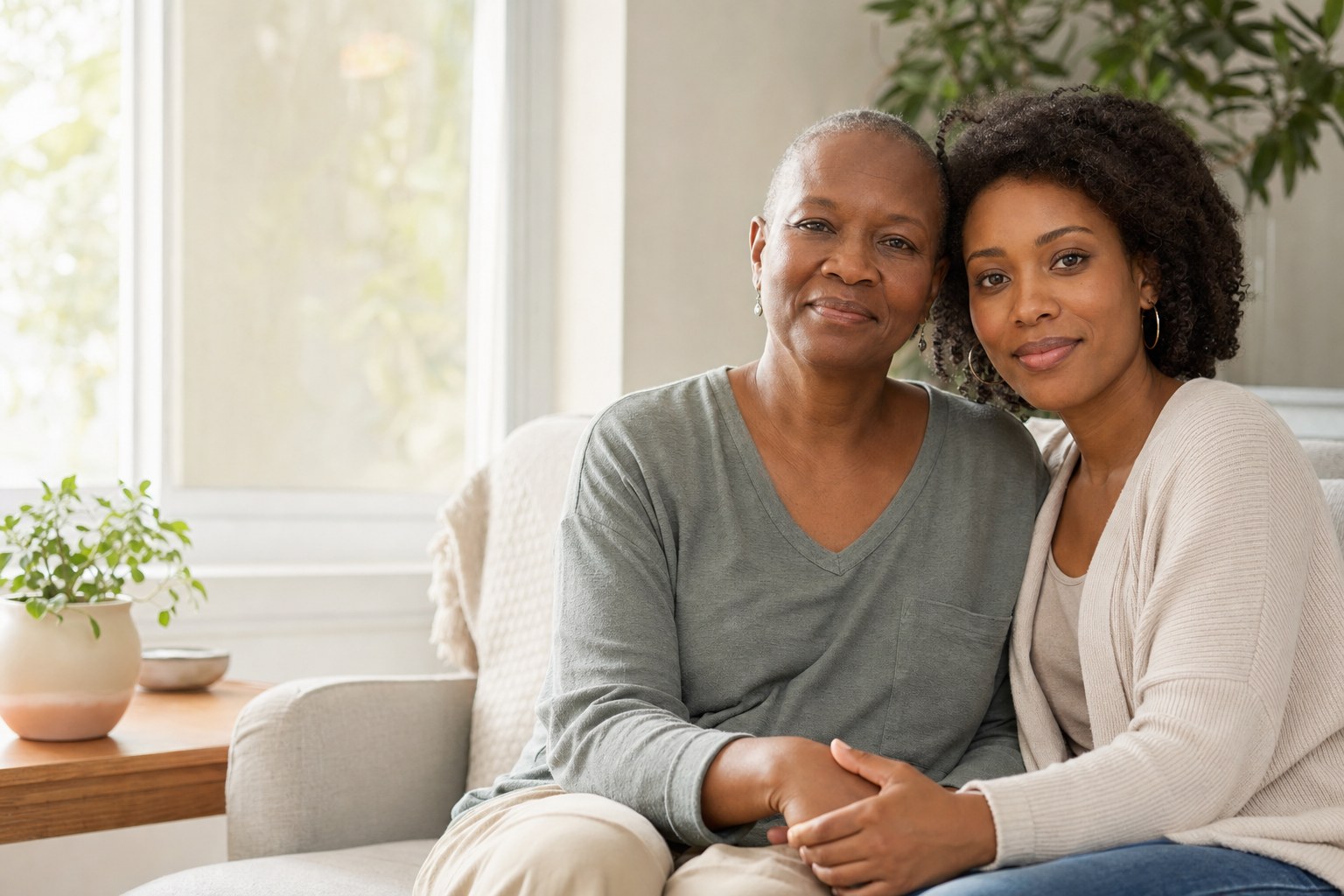 Illustrative mother and daughter sharing a quiet moment at home