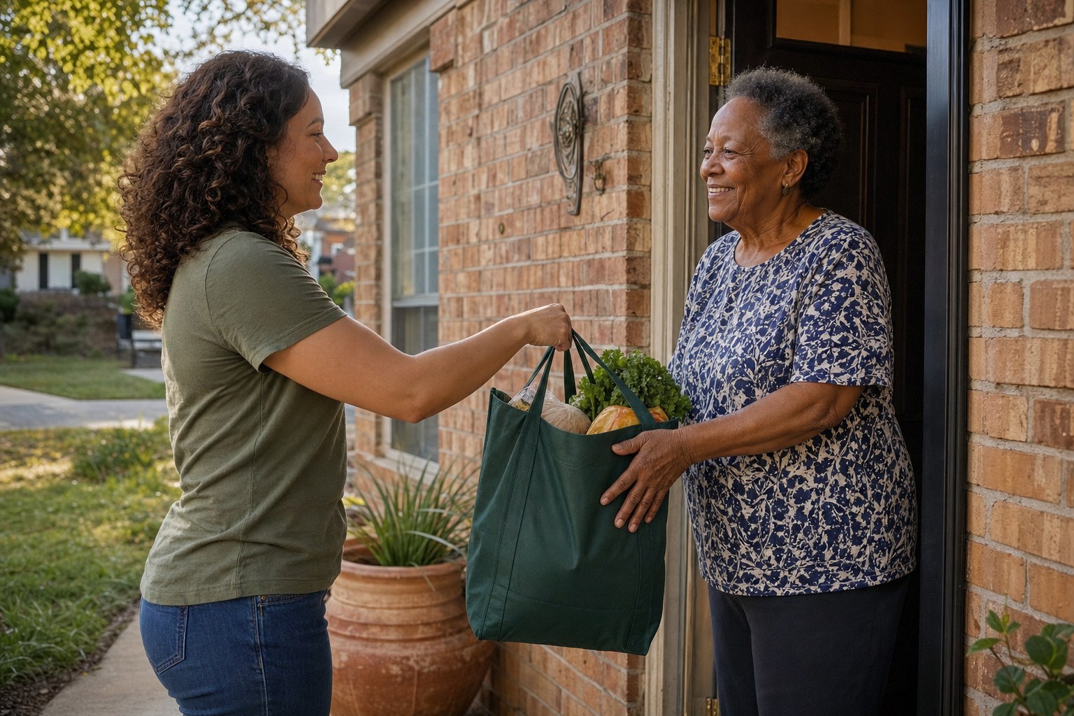 Illustrative volunteer delivering a grocery bag