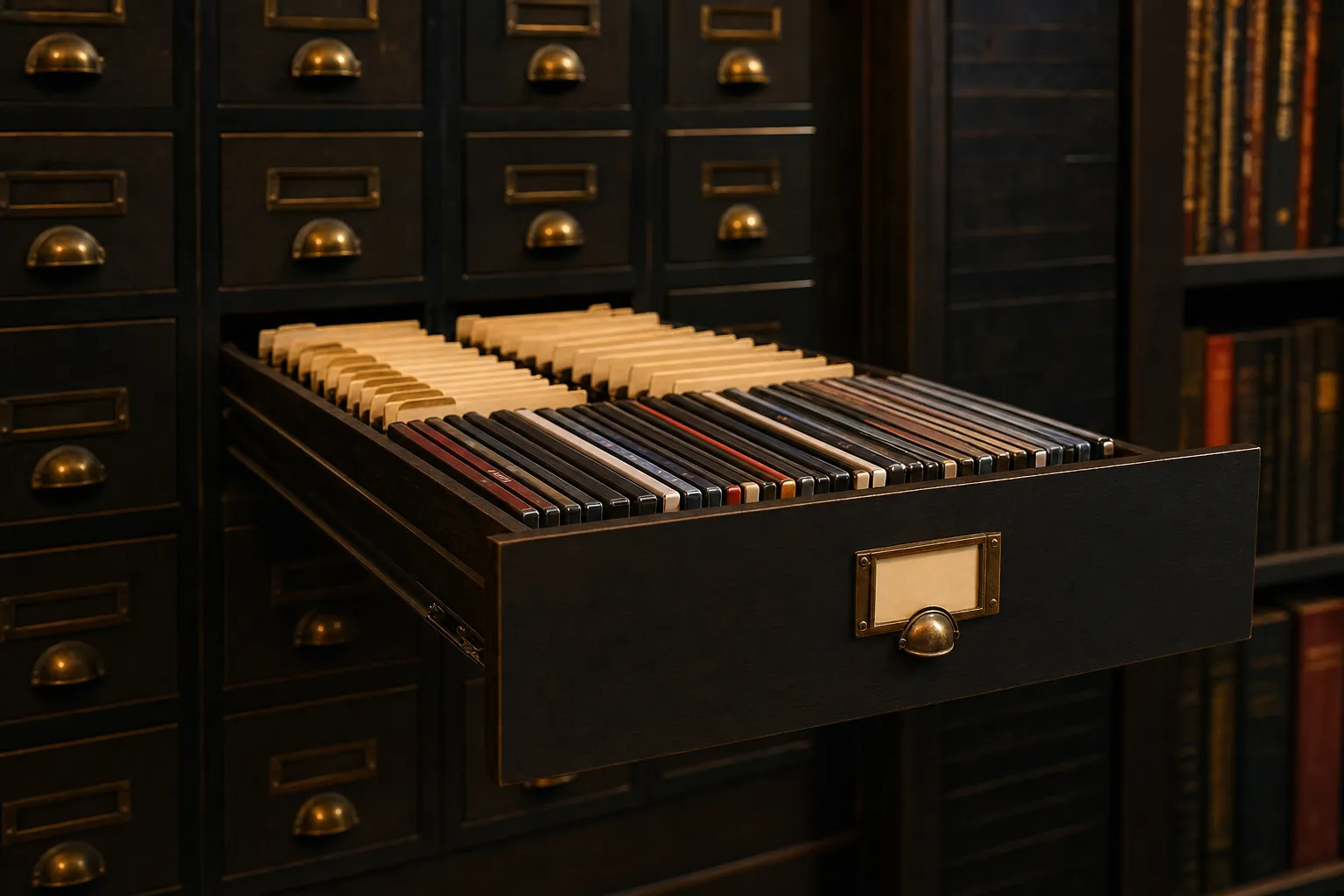 An archival drawer filled with DVD cases and catalogue cards