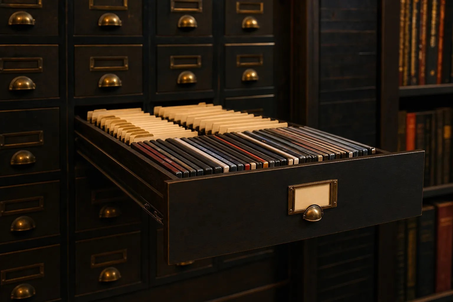 An archival drawer filled with DVD cases and catalogue cards