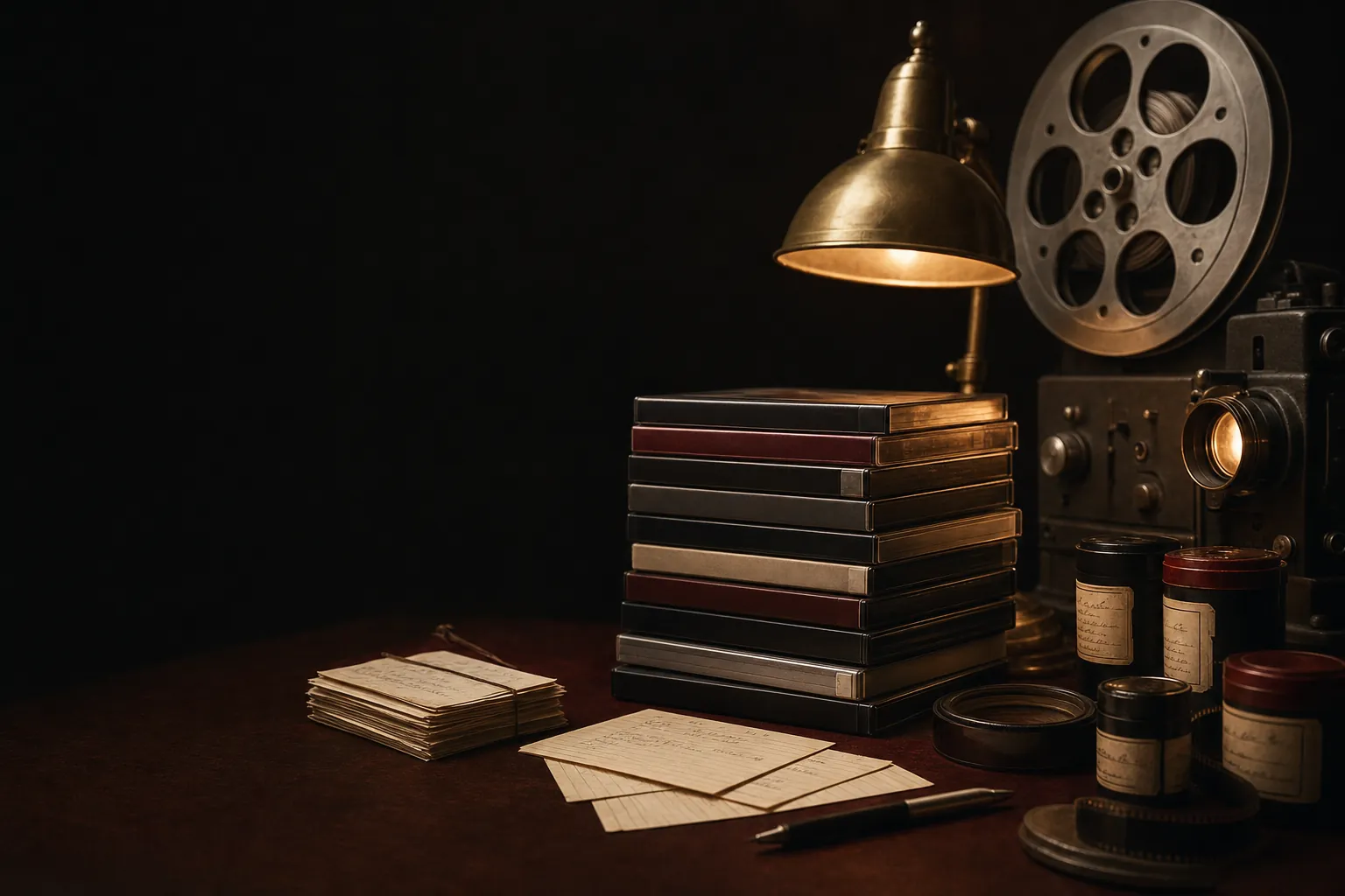 A film reel, projector lamp, archival cards and unbranded DVD cases on a dark archive table